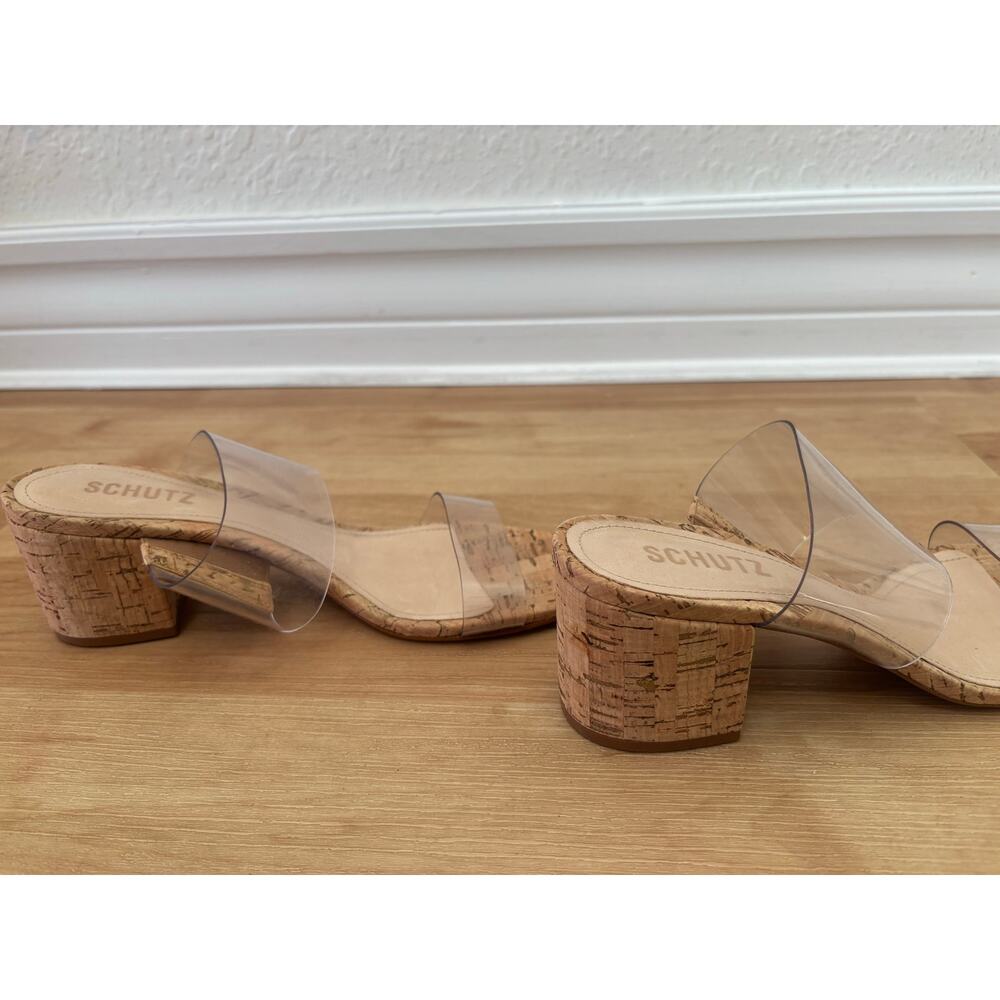 Schutz Clear Cork Shoes Victorie Sandal 9B $140 Vinyl Leather Boho Heel Slip on - Picture 5 of 10
